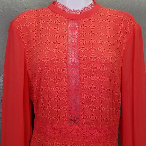 Allsaints Lilith Dress Sz 6 Eyelet Fit & Flare A-Line Coral Red Lace Sheer Lined - Picture 2 of 16